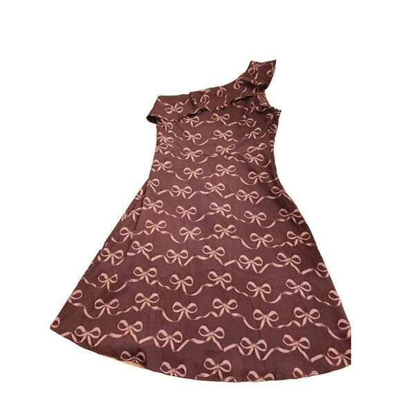Banana Republic  ruffle one shoulder flare purple bow print dress size 8 - Picture 2 of 10